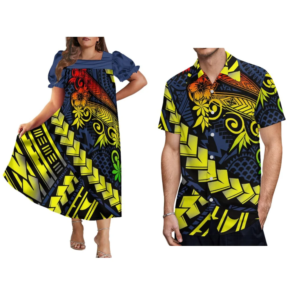 Vestido de isla polinesia Mumu, falda larga bonita a la moda, vestido de mujer con mangas abullonadas y camisa para hombre, conjunto de pareja micronesiana