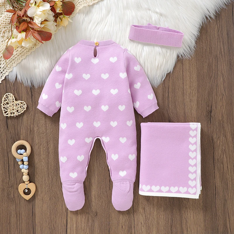 Newborn Baby Romper Blanket Knit Infant Girl Jumpsuit Long Sleeve Quilt 90*70CM Headwear Fashion Love Kid Clothing Set 3pcs 0-9M