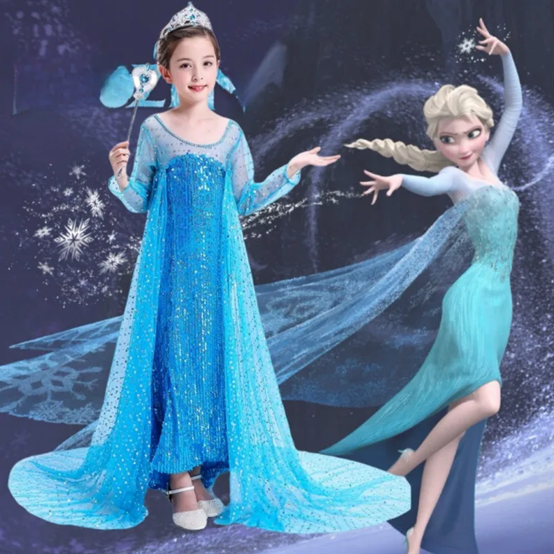 

Kid Elsa Cosplay Princess Dress Girl Snow Queen Long Sleeve Blue Sequin Mesh Gown Children Birthday Carnival Party Costume Cloak