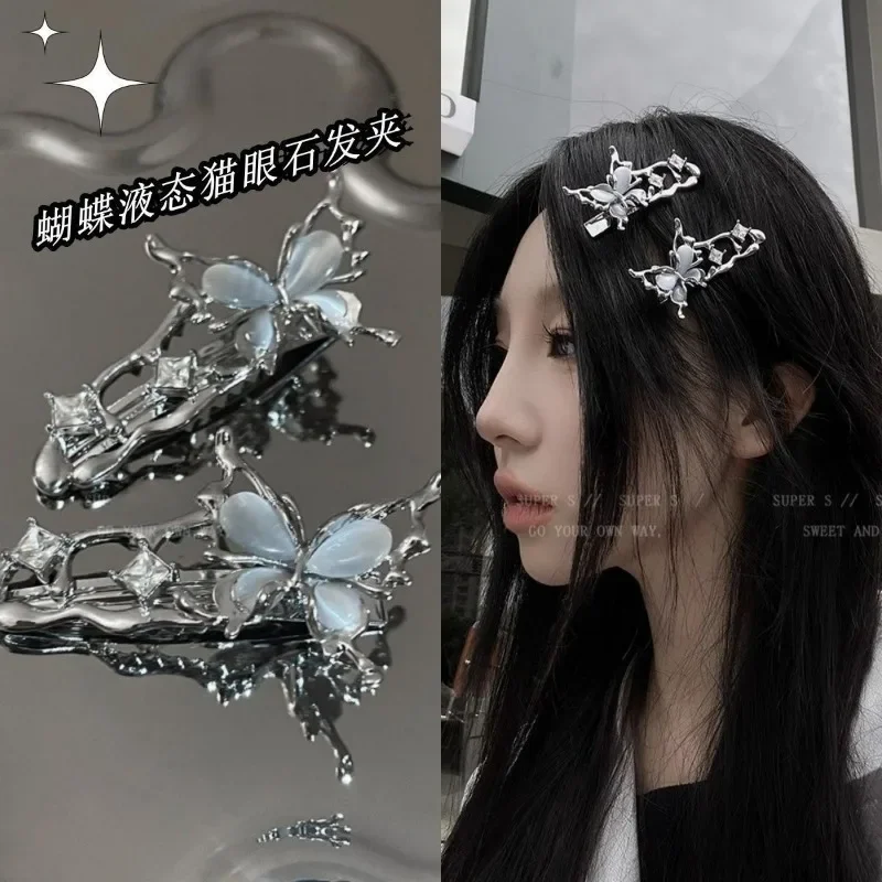 Y2K Irregular Liquid Metal Hairpin Butterfly Zircon Hair Clips Girl Fashion Silver Bang Clip For Women Hair Accessories