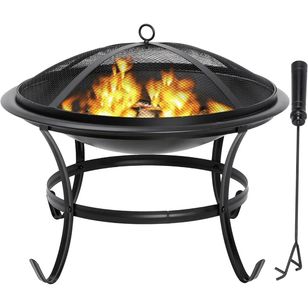 

22 Inches Portable Fire Pit Outdoor Wood Burning Steel Lightweight BBQ Grill Firepit Bowl with Log Grate&Poker for Outside Patio