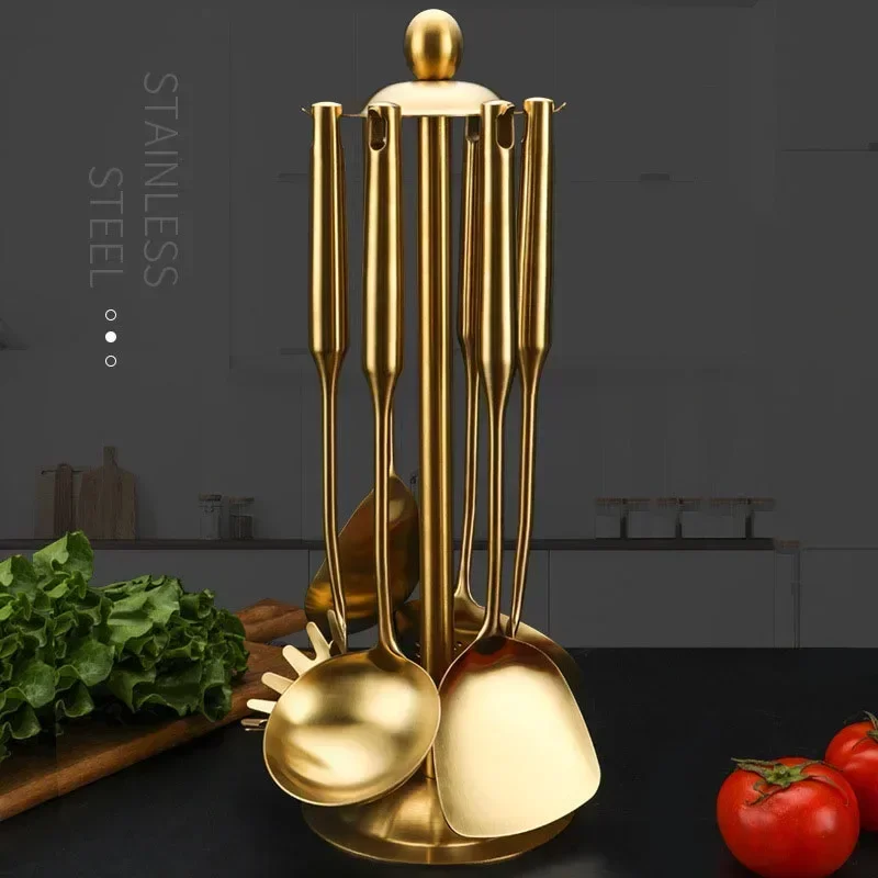 Stainless Steel Soup Rice Spoon Spatula Colander Frying Shovel Gold Long Handle Non-stick Restaurant Kitchen Gadget Sets
