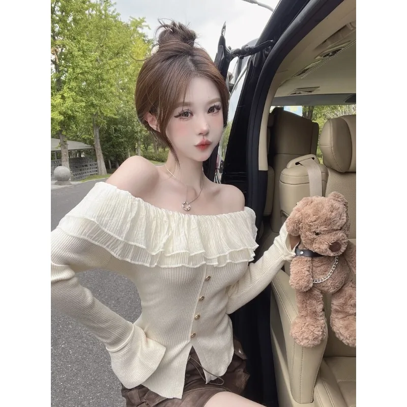 Women's Spring Autumn Blouse One-shoulder Shoulder Knit Ruffle Flared Sleeves Solid Color Slim Simple Loose Design Soft Niche