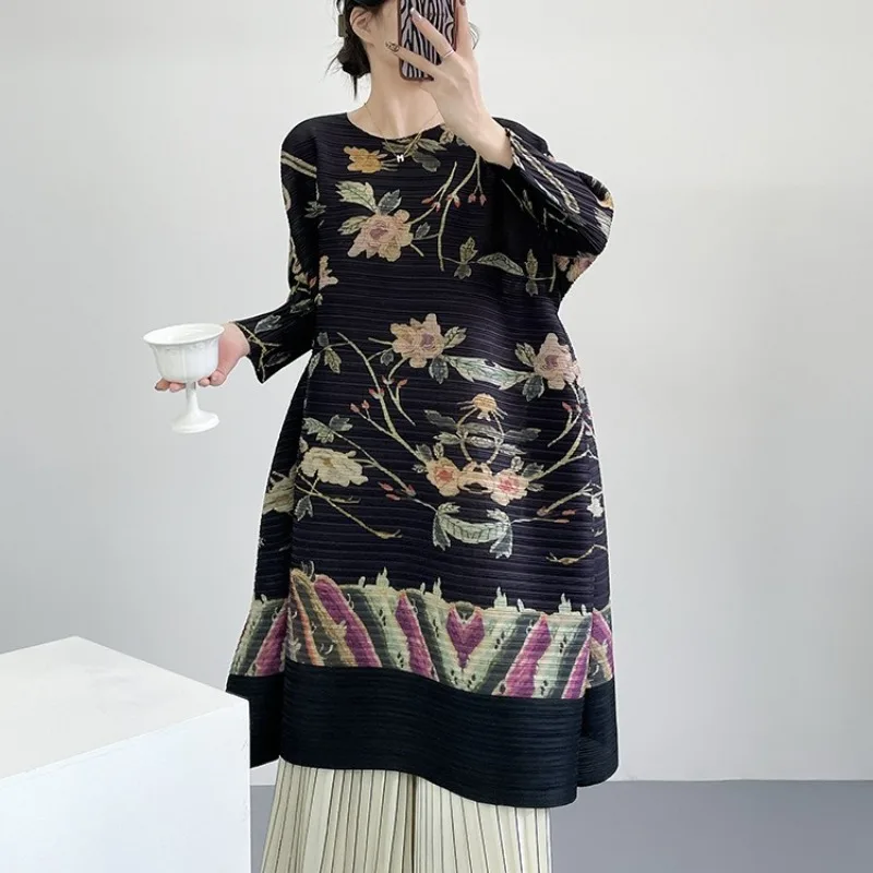 

Плиссированное женское платье Miyake 2026: Новинка, элегантное, с длинным рукавом, свободного кроя, больших размеров, весеннее, миди, немнущееся