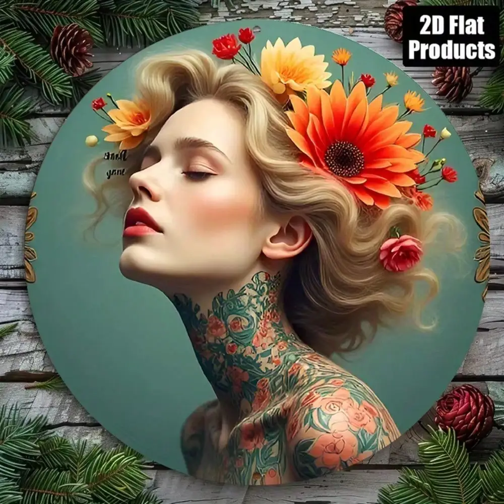 2D Flat High Definition Metal Wall Art Romantic Floral Lady with Intricate Full Body Flower Tattoo Blossom Hair Wreath Turquoise