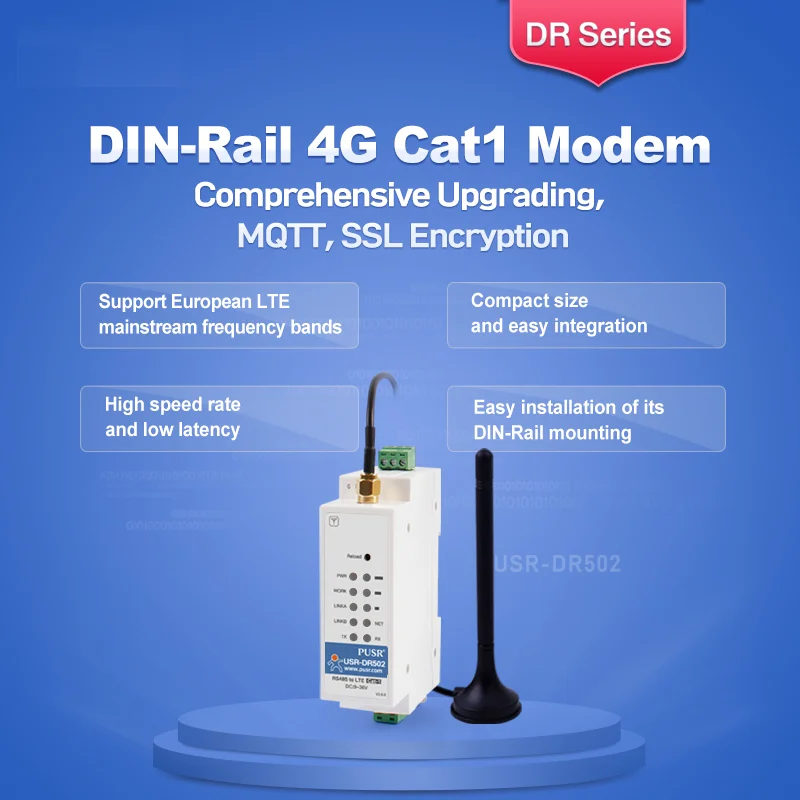 USR-DR502-E Europe Industrial 4G LTE Cat 1 Modem with Sim Card Slot Supports IoT Platform HTTP MQTT/SSL GSM SMS