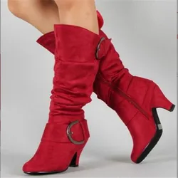 Women's Shoes Trend 2023 Winter Flock Knee-High Boots Female Pointy Toe Long Boots Fashion Zip Winter High Heeled Shoes 34-43