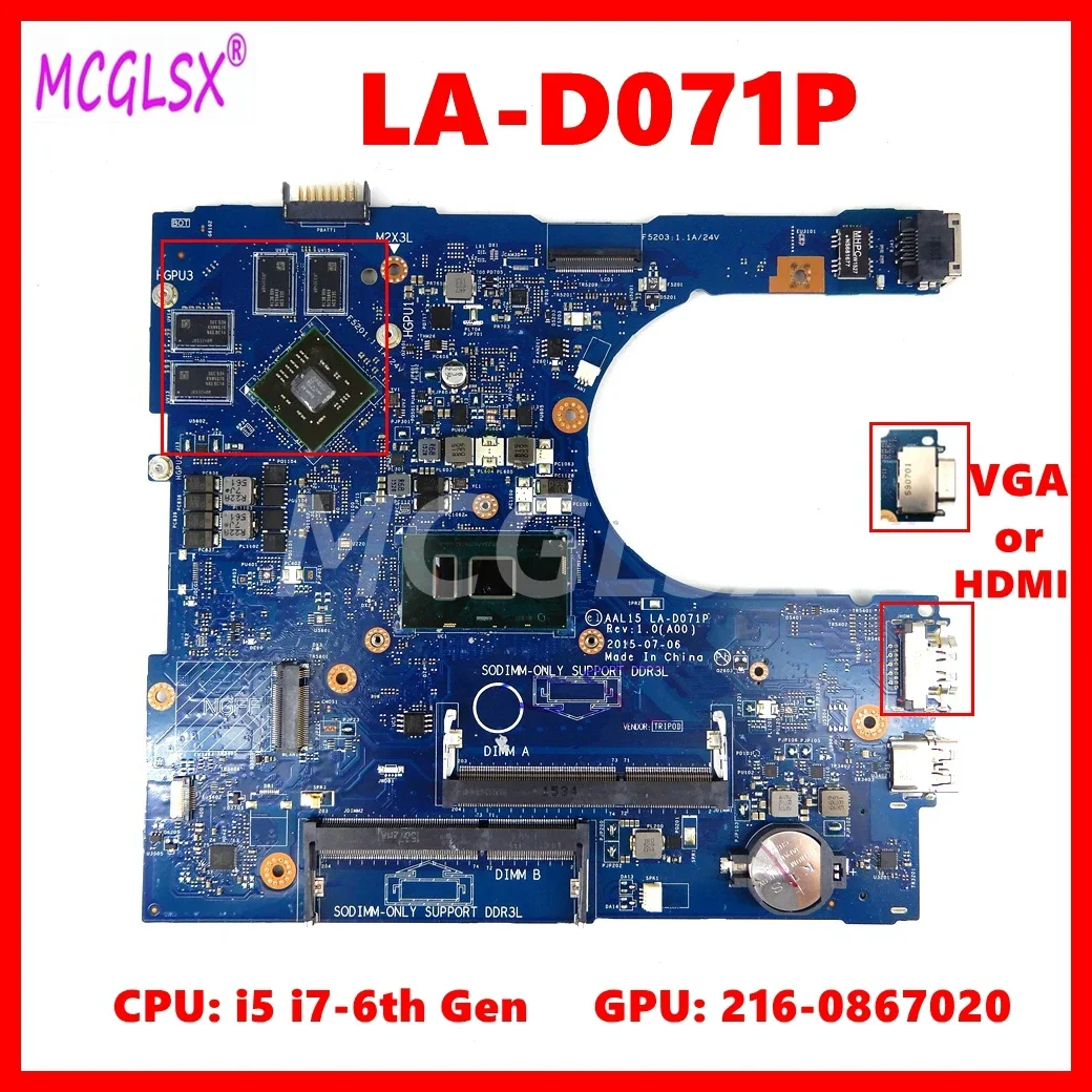 LA-D071P With i5 i7-6th Gen CPU 216-0867020 GPU Mainboard For Dell Inspiron 5559 5759 5459 3559 Laptop Motherboard 100% Tested