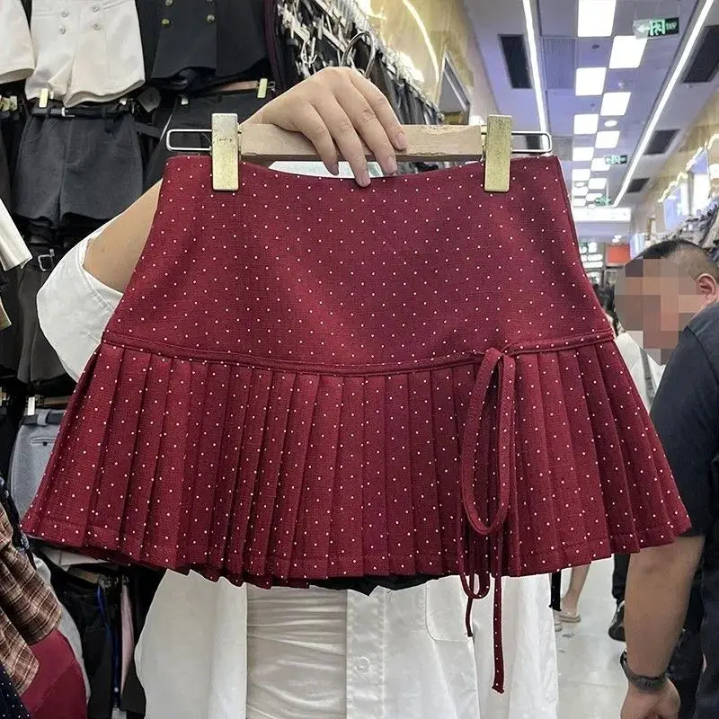 

Girly Sweet Red Strap Bow Pleated Skirt Japan High Street Preppy Half Dress Niche Design Polka Dot Half-body Short Skirt Women