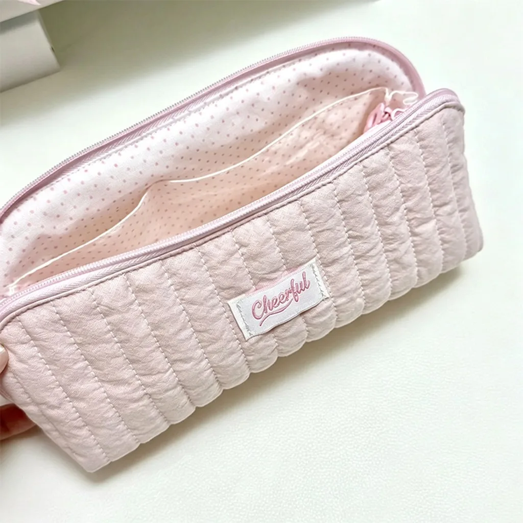 Cute Quilted Pink Makeup Bag Large Capacity Travel Cosmetic Pouch Portable Beauty Storage Organizer Bag for Girls Ladies