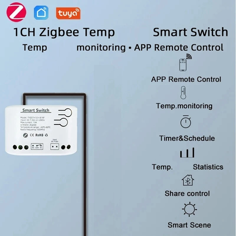 Tuya Smart Zigbee Switch con sensore di temperatura Contatto a secco passivo Relè Zigbee Funziona con Assistente domestico AC 85-250V