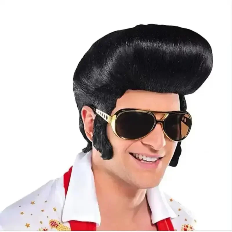 Hot Sale Elvis Wig & Glasses Set, Male Rock Singer Cosplay Black Heat Resistant Synthetic Wig for Halloween Party