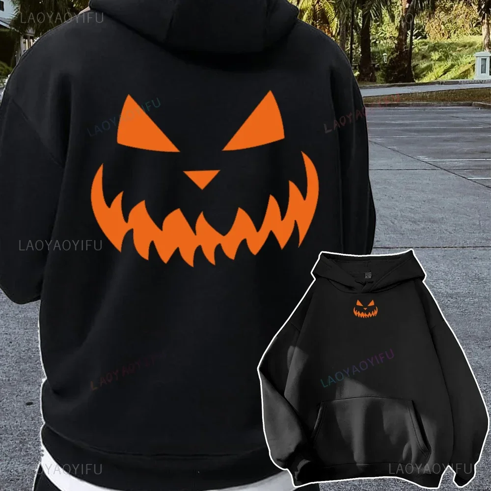 Halloween Pumpkins Orange Hoodies Casual Long Sleeves Hooded Funny Pumpkin Face Sweatshirts Halloween Couple Pullover Tops