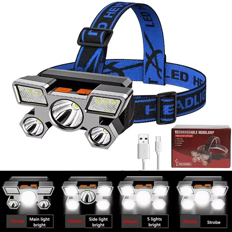 

USB Rechargeable Headlamp Portable 5LED Headlight Built In Battery Torch Portable Waterproof Fishing Camping Head Light