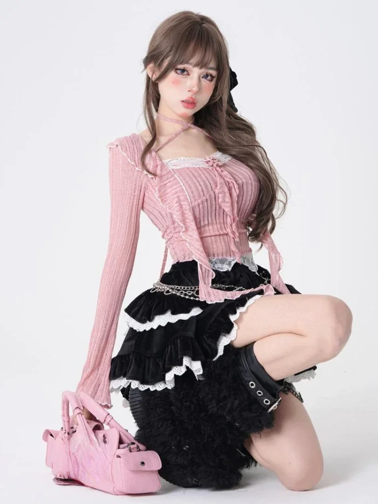 Pink Y2k Korean Two-piece Set Women Flower France Vintage Sweet Skirts Set Female Long Sleeve Blouse + Black Party Mini Skirts