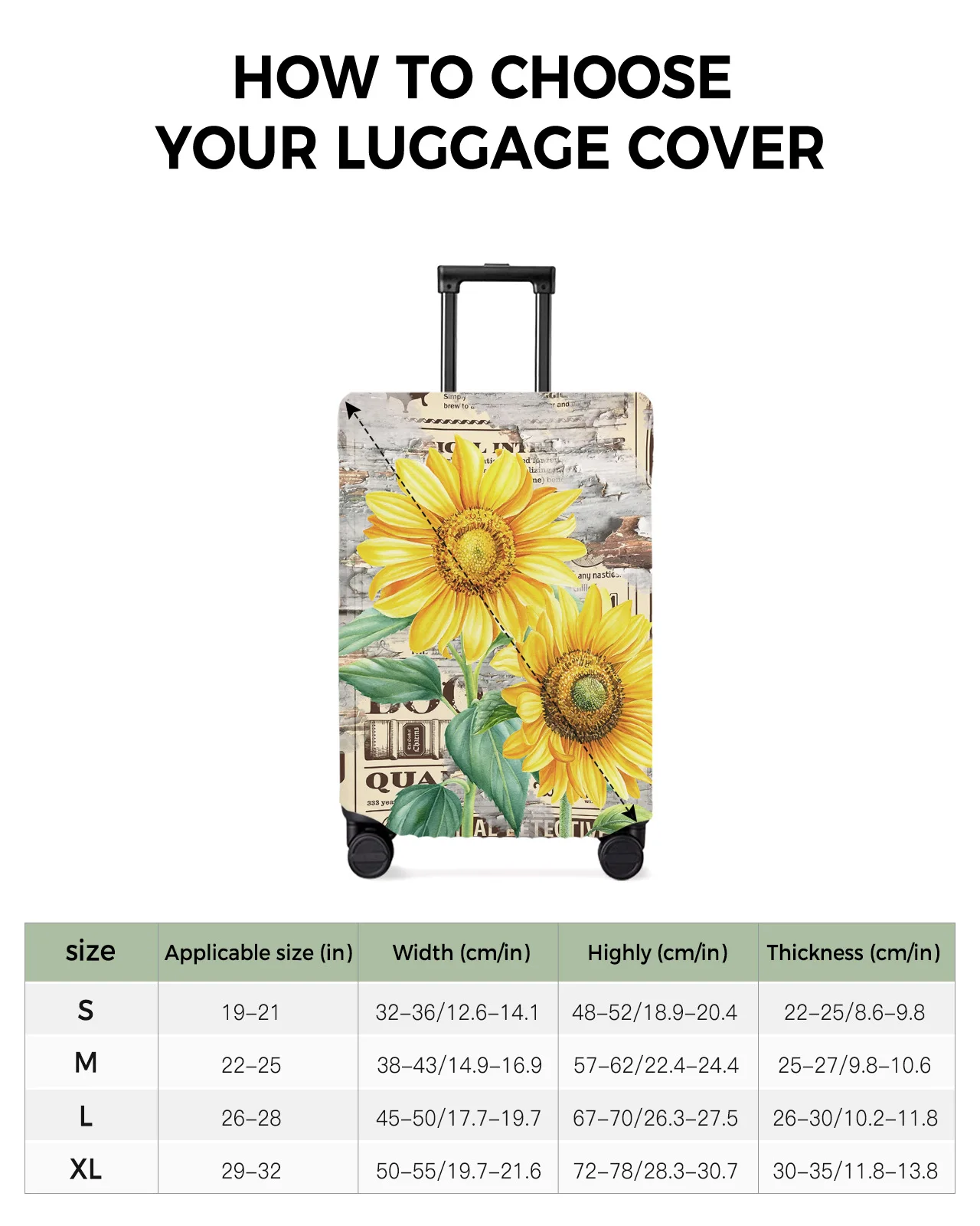 Juste de bagage d'interconnexion tournesol, étui de valise de voyage, rétro, mars, bois, plante de journal, bagages commandés, housse anti-poussière, 18 "-32"