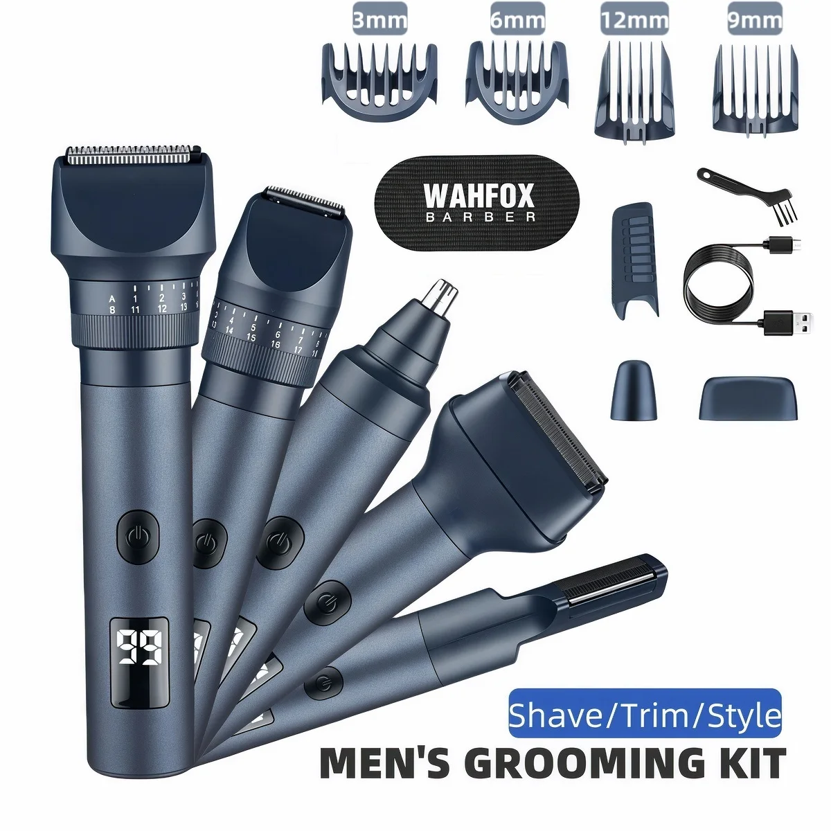 

WAHFOX Men's Hair Trimmer Set 5-in-1 Waterproof Beard Nose Face & Body Hair Clipper Grooming Kit with Hair Cutting Machine