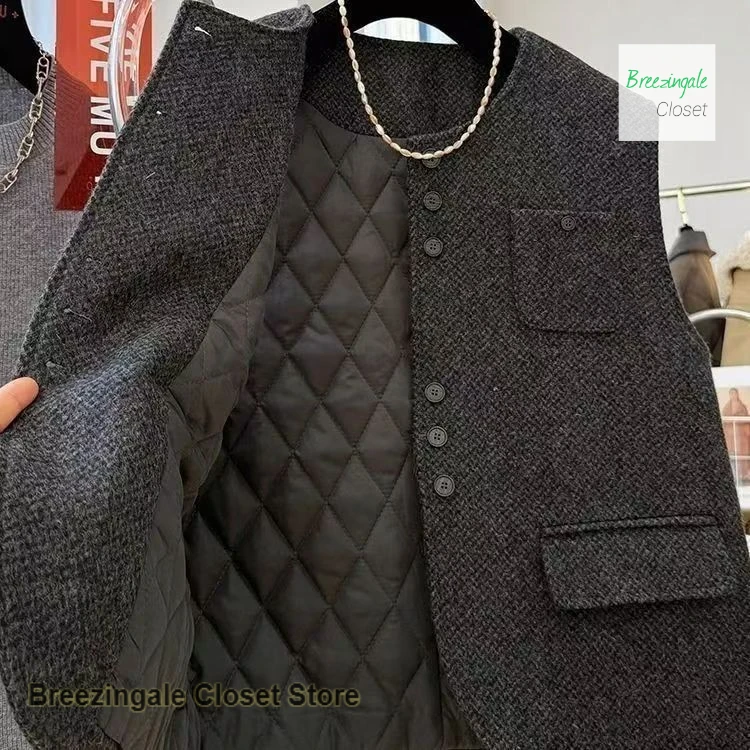 

French style grey high quality cotton wool vest jacket women's autumn and winter new fashion temperament short casual top.