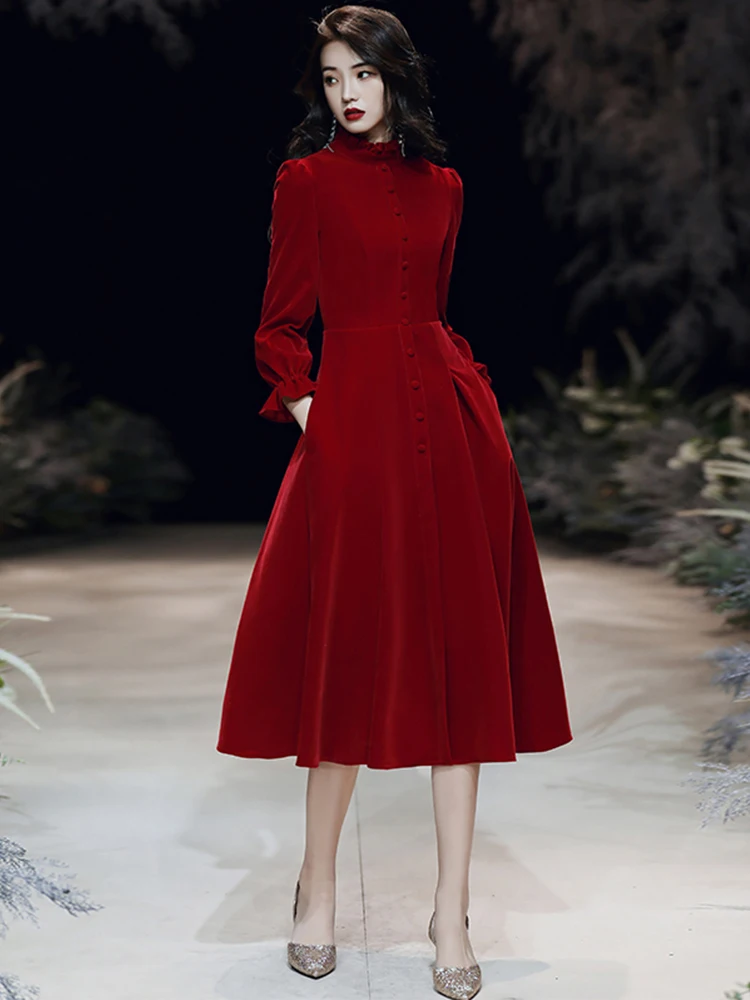 

Red Long Sve Wedding Dr Slimming A-Line Skirt Korean Sle Mid-Waist Zipper Ba Ele Evening Gown for Women