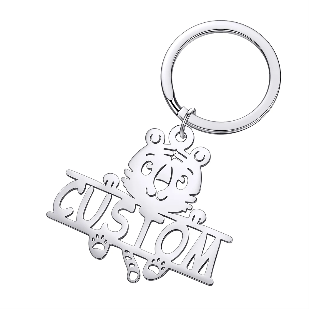 QIMING Customized Name Tiger Keychain Men Women Charm Key Ring Stainless Steel Handmade Jewelry Gift