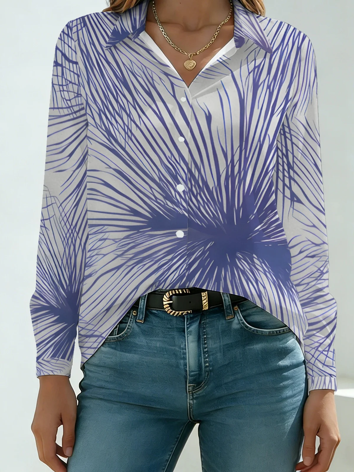Minimal Tropical Line Shirt Women Lapel Light Gray Purple Radiating Palm Print Button Down Blouse for Office Work