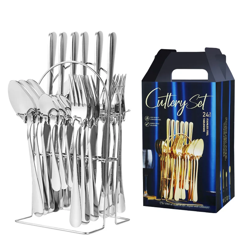 24Pcs Stainless Steel Dinnerware Set Knife Fork Spoon Tableware Flatware Set Festival Kitchen Dinnerware Gift Golden Cutlery Set