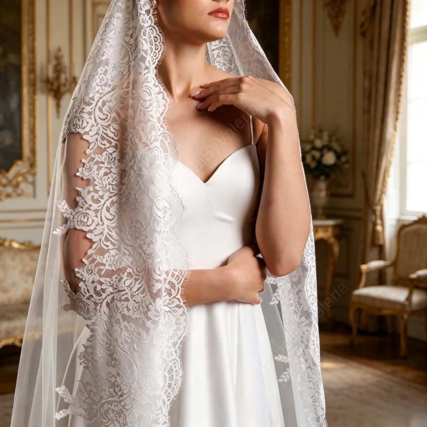 Chantilly Lace Mantilla Wedding Veil Extra Wide Cathedral Length Catholic Wedding Bridal Veil Soft Tulle Mantilla Lace Edge