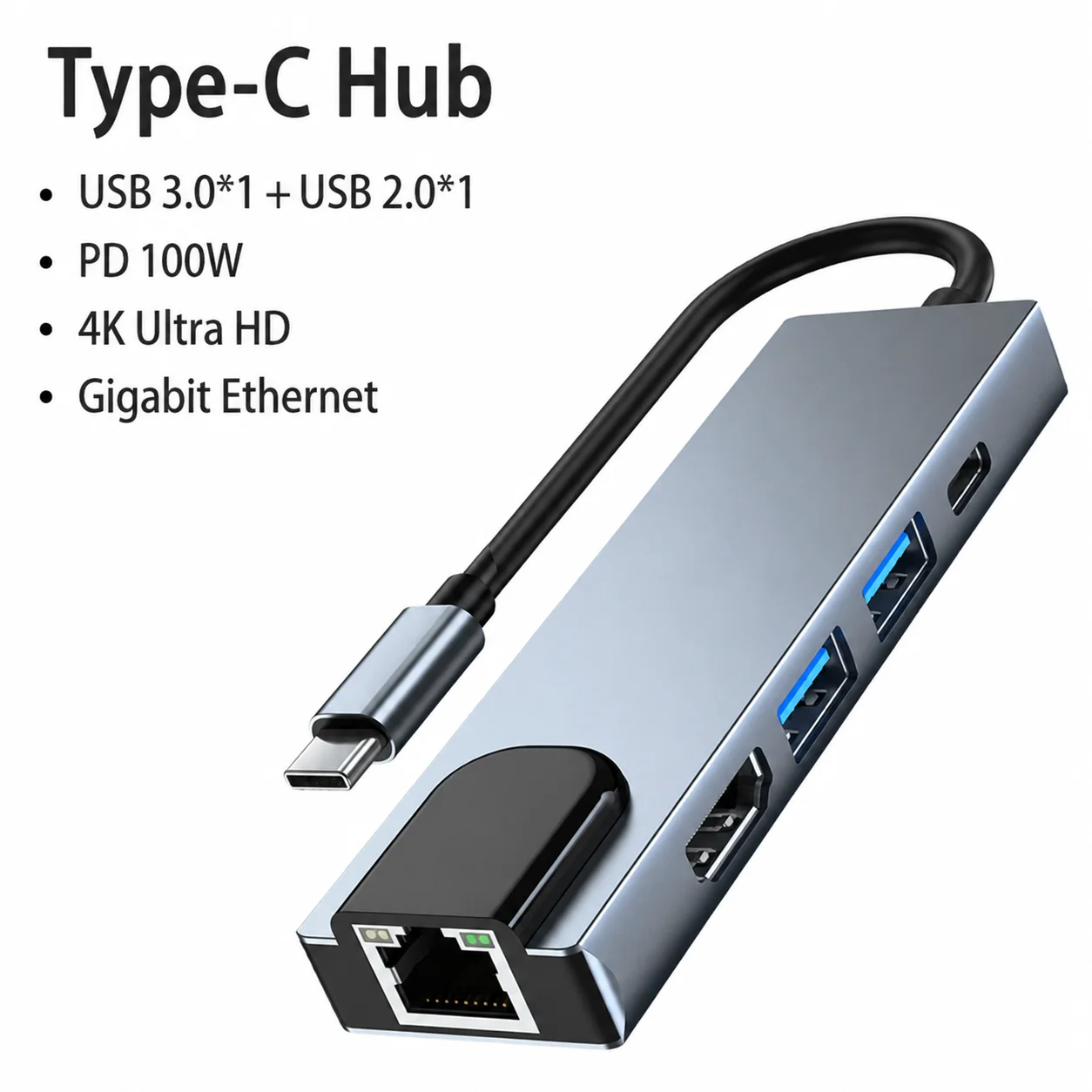 Type-C 5-in-1 Multifunctional Laptop Adapter Dock with USB Hub Network Card HDMI PD Support High-Speed Data Transfer And Video O
