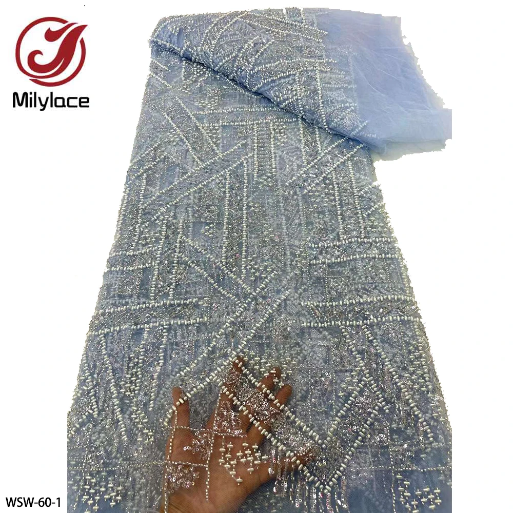 

African Sequins Lace Fabric Latest Heavy Beaded Lace Nigerian Embroidery Mesh Lace Fabric for Wedding Party Dress Sewing WSW-60