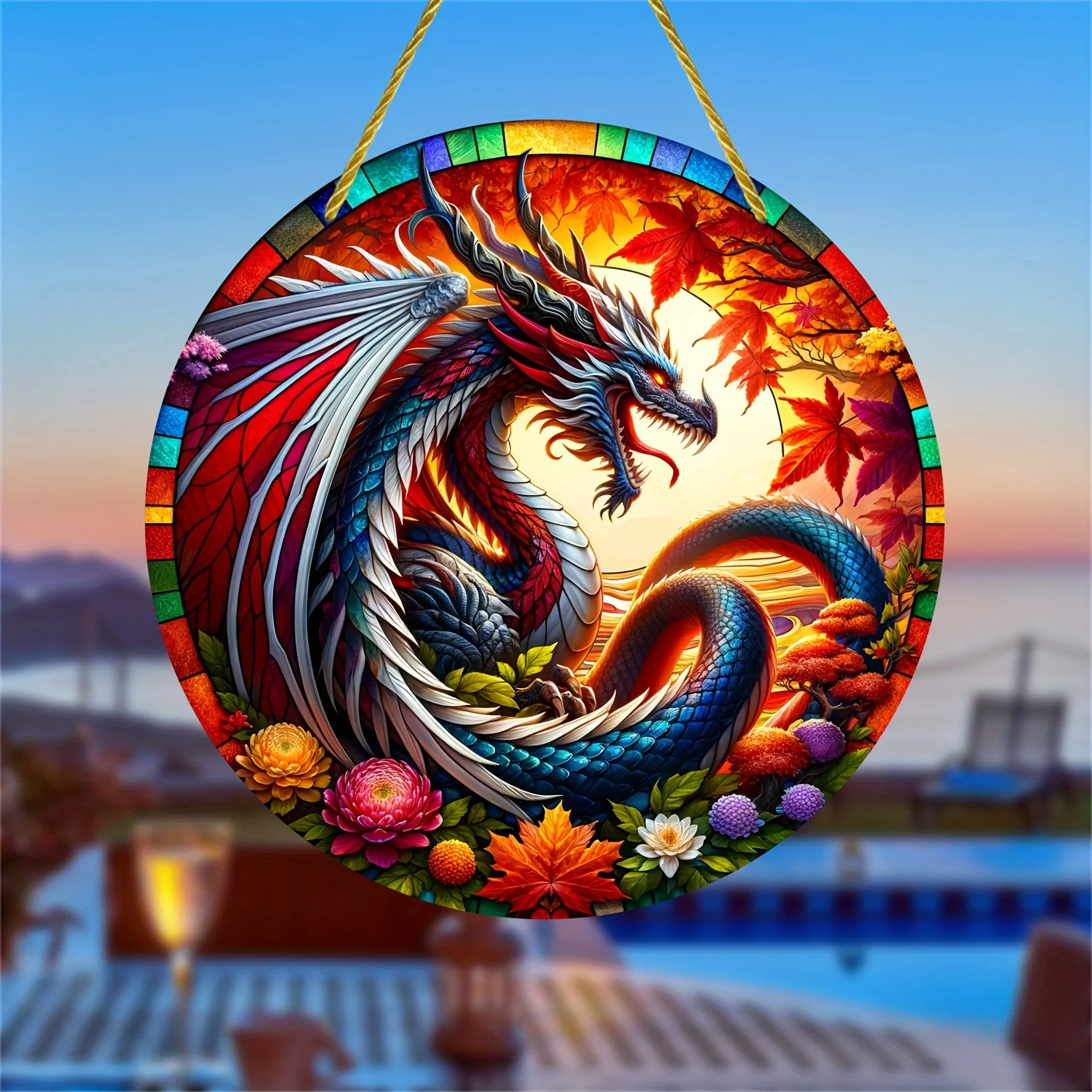 Art Deco Acrylic Dragon Sun Catcher Decorative Sign-Multicolor Animal-Themed Wall Hanging,Stained Glass Style Plaque for Home