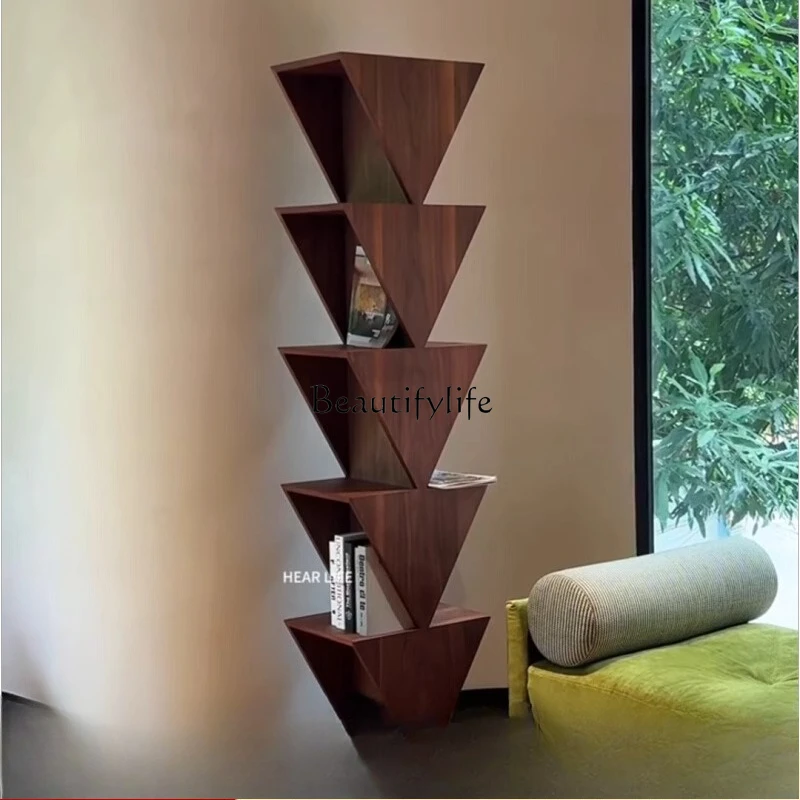 

New medieval wabi-sabi wind triangle solid wood integrated bookshelf shelf
