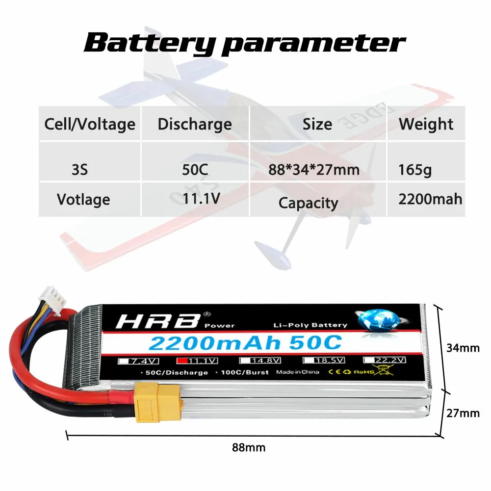 1/2pcs HRB 3S 2200mAh Lipo Battery 11.1V RC Battery 50C with XT60 Plug For FPV UAU Drones Airplane RC Car Truck Boat Racing DIY