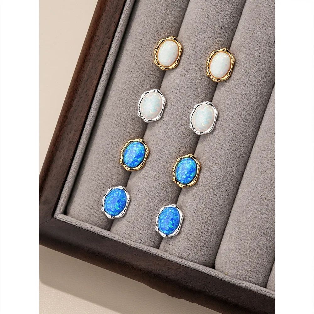 

French Opal Blue Studs - S925, Luxury Unique Minimal Geometric Elegant Earrings