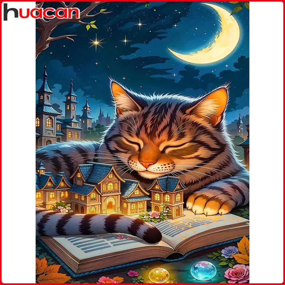 Huacan Diamantgemälde, Katzenhaus, Mond, Diamantmosaik, Tierlandschaft, neue Kollektion 2025, Strassbilder