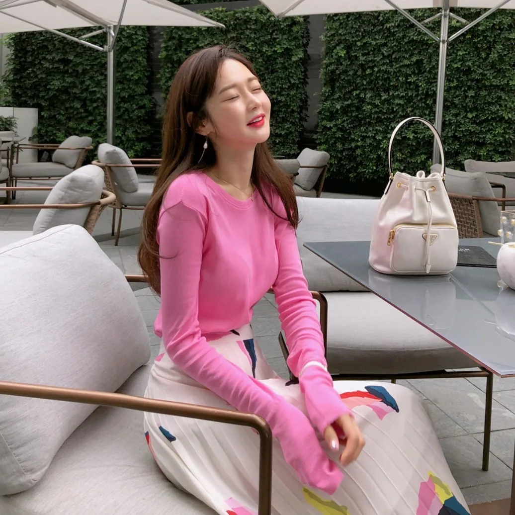 

Faionable Knitted Long Sve T-irt Pink Slim Fit Base Layer Spring Summer New Arrival Korean Sle Chic Brand Women's Top