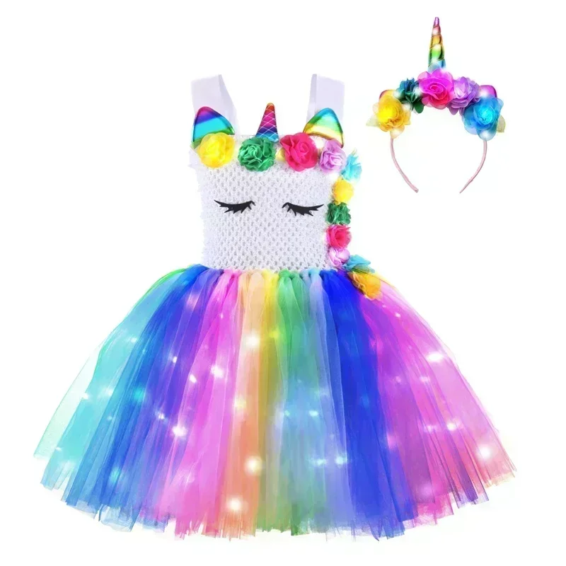 Little Girls Unicorn Cosplay Tutu Dress with LED Cute Cartoon Summer Mesh Princess Kids Glowing Dress Birthday Party for 2-10y