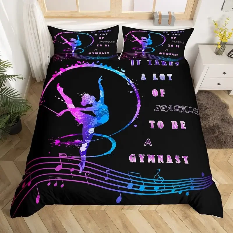 Love Gymnastics King Queen Duvet Cover Floor Exercises Ballet Bedding Set Neon Pink Dance Comforter Cover Polyester Quilt Cover