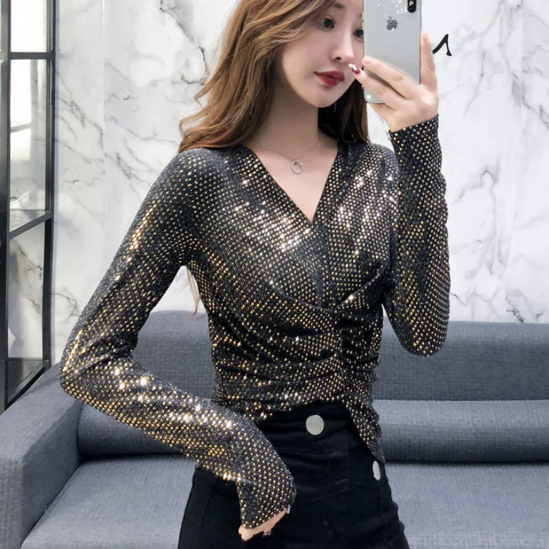 V Neck Tees Causal Glitter Top for Women Long Sleeve T Shirts Female Cool Clothes Tall Manga Goth Korean Fashion Fitted Pulovers