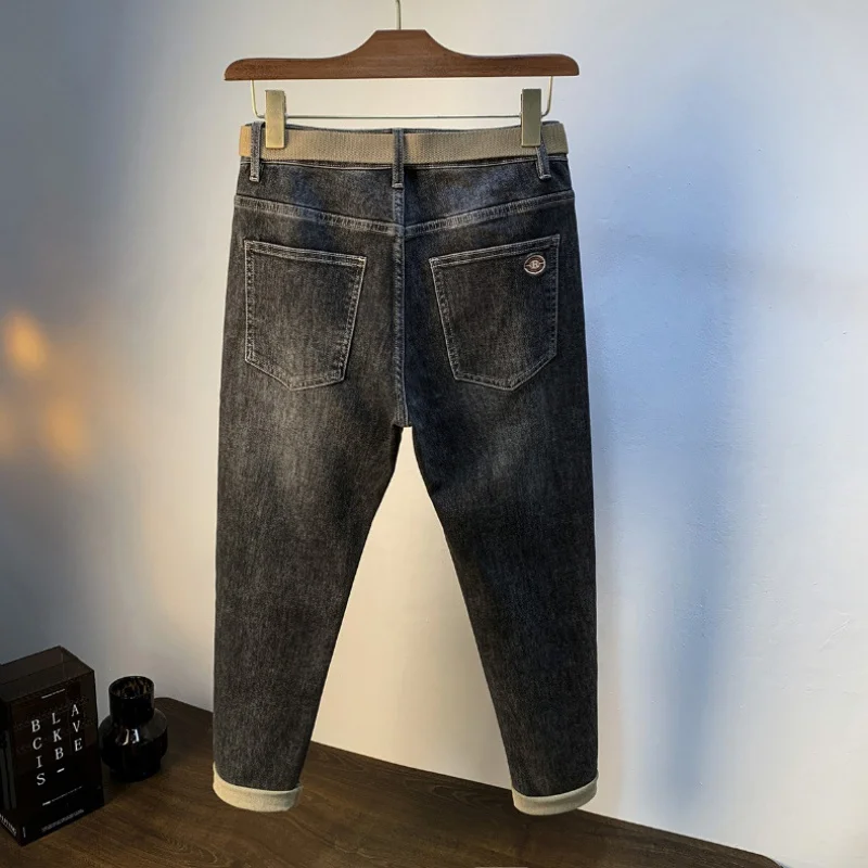 Jeans masculino de alta qualidade, calça lápis elástica, estilo cinto cinza preto, calça casual, jeans para o outono, nova, 2022