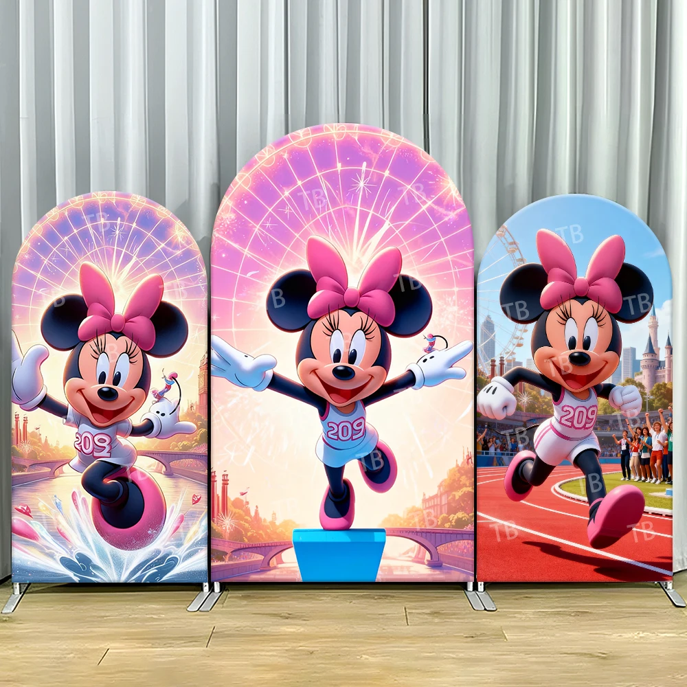 

Minnie Mouse Sports Arch Backdrop Cover Track Scene For Kids Birthday Party Energetic Cartoon Theme Photo Booth Decor