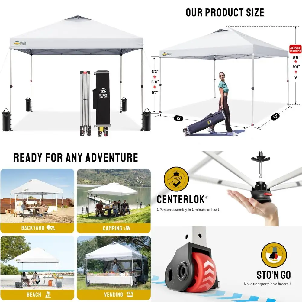 

12x12 Instant Outdoor Canopy with Push-Up Setup, Wheeled Bag, 8 Stakes, and 4 Ropes for Easy Outdoor Shelter