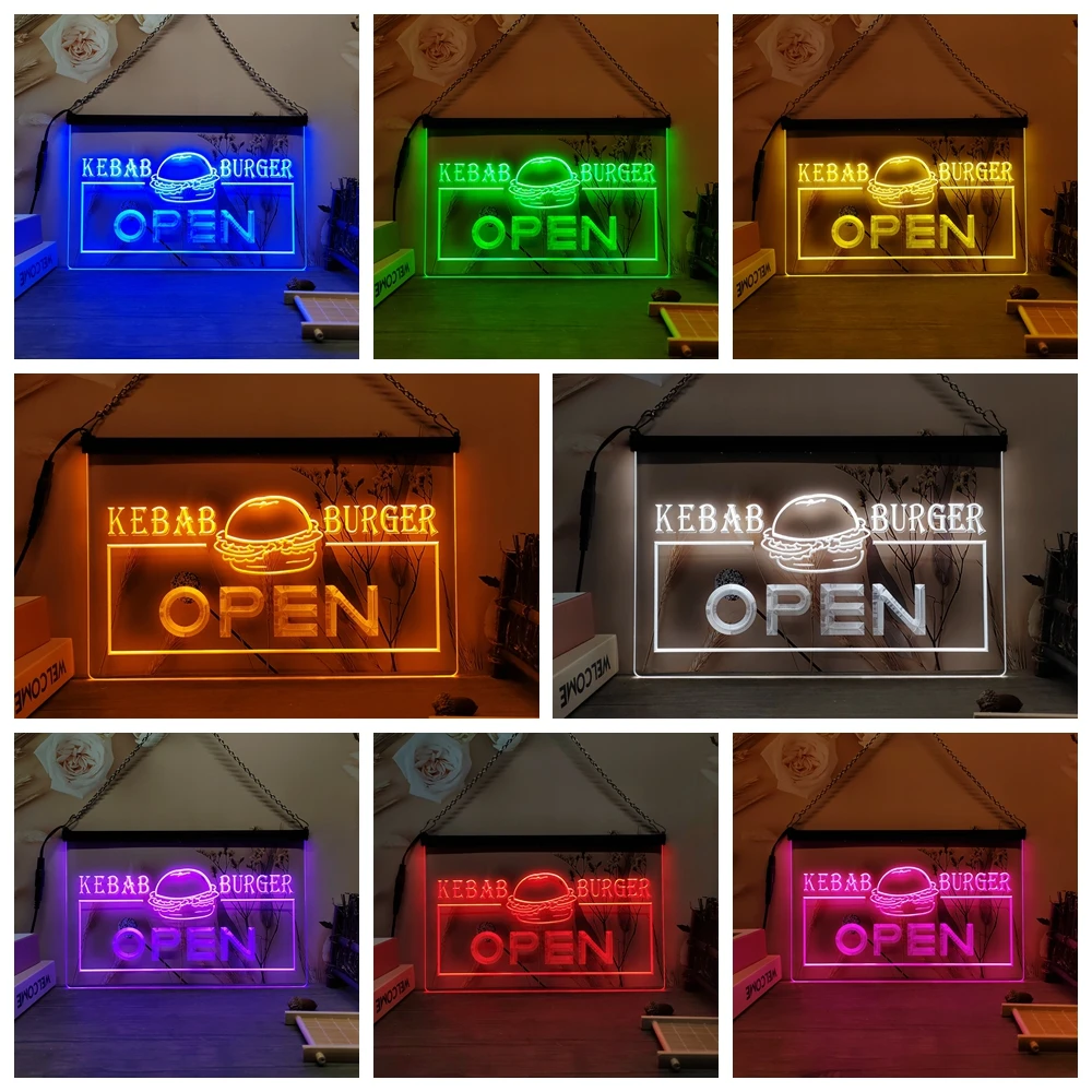 OPEN Kebab Burger Cafe Fast Food-Vintage LED Neon Sign-Posters,3DCarving,Wall,Home,Room,Bedroom,Office,Farmhouse Decor