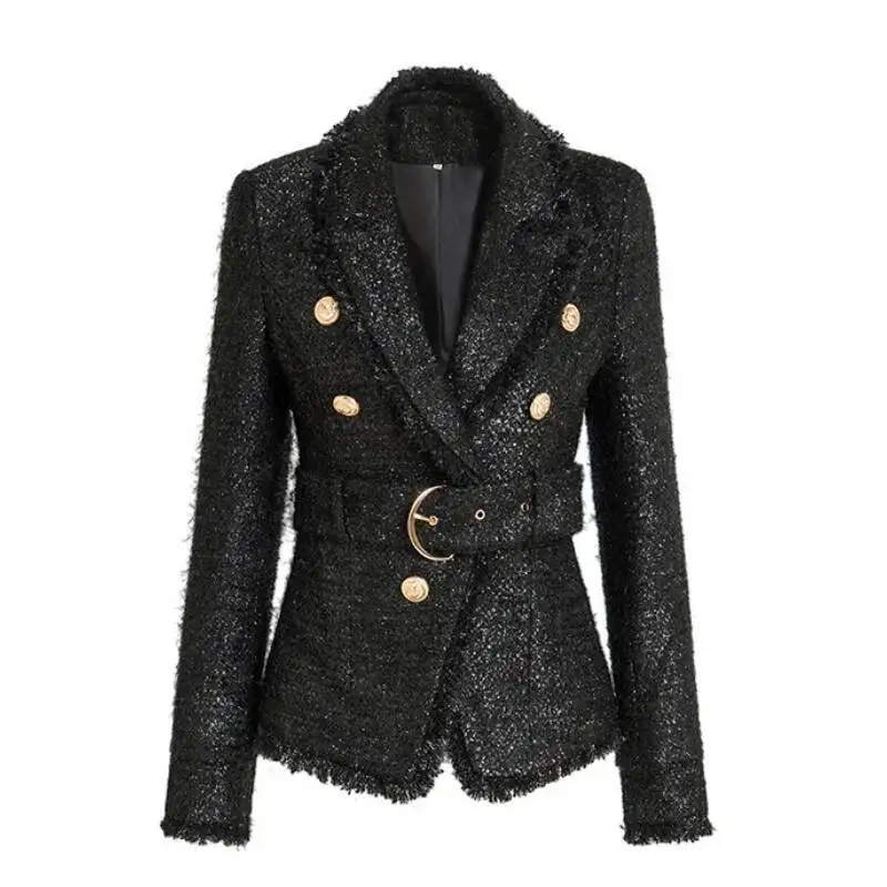 LEOSOXS 2025 Herfst Leeuwenkop Gouden Knop vrouwen Zwarte Vintage Formele Jassen Met Riem Slanke Pak Jassen Kantoor Dame bovenkleding