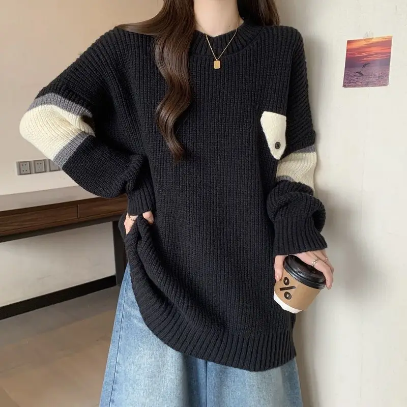 Loose Mid-length Pullover Sweater for Women in Autumn and Winter Round Neck Long Sleeve Printed Versatile Sweater Casual Top