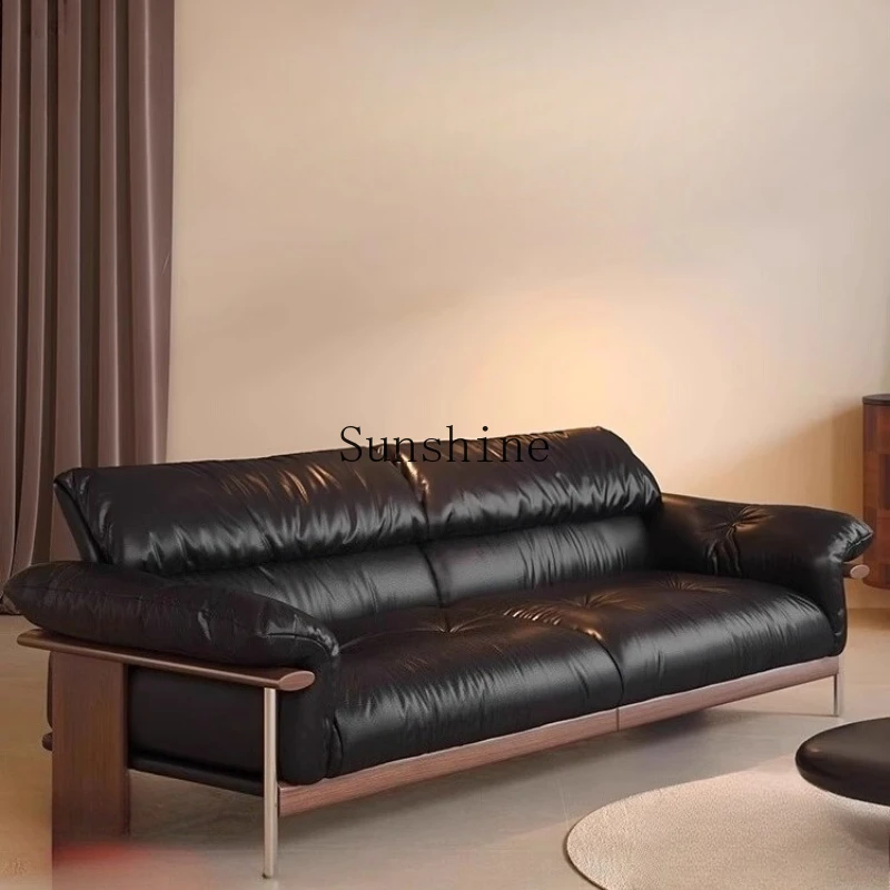 Solid wood first layer cowhide living room home antique straight row leather sofa