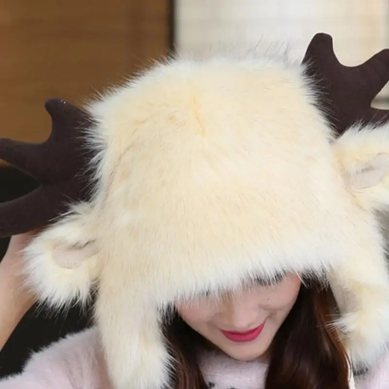 

Unisex Trapper Hat Faux Fur Plush Earflaps Cap with Chin Strap Winter 49MB