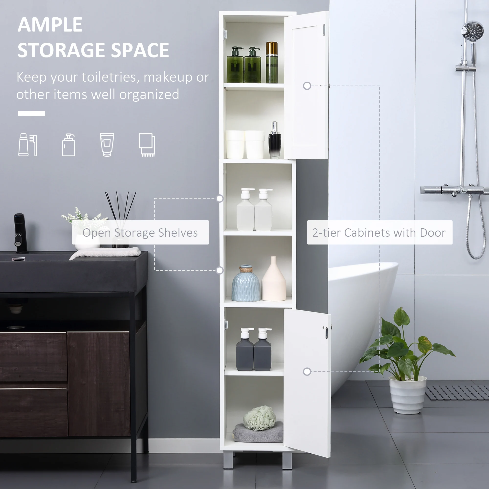 Kleankin-Meuble de rangement haut avec miroir, tour autoportante en bois avec étagères réglables pour HOStorage