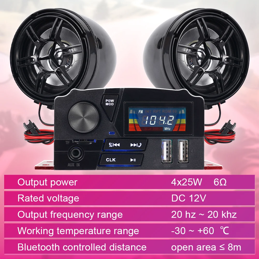 

12V 4x25W 4-Channel Motorcycle Bluetooth Speaker Waterproof Anti-Theft LCD Screen Dual Remote Control Handsfree Call USBCharging