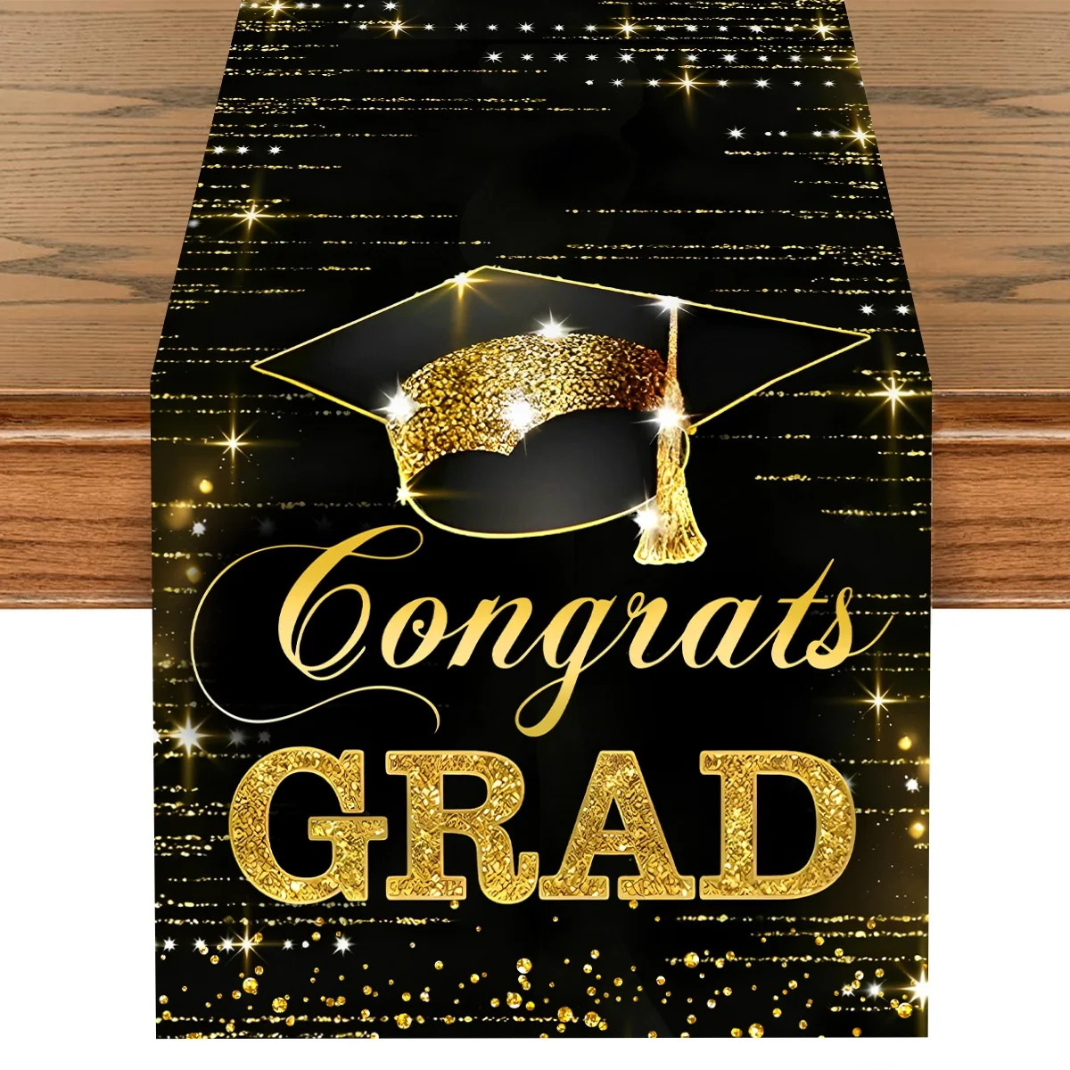 Congrats GRAD Black Table Runner Graduation Cap Diploma Table Runner Class of 2026 Stars Fireworks Graduation Party Supplies