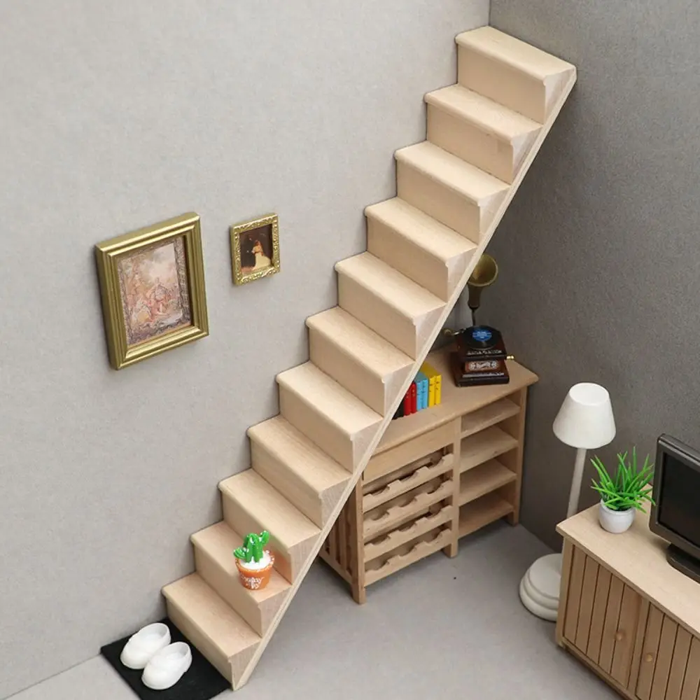 Mini Fantasiespel 1:12 Poppenhuis Meubels Miniatuur DIY Mini Trap Model Houten Trapleuning Trappen met Leuning Scène Rekwisieten